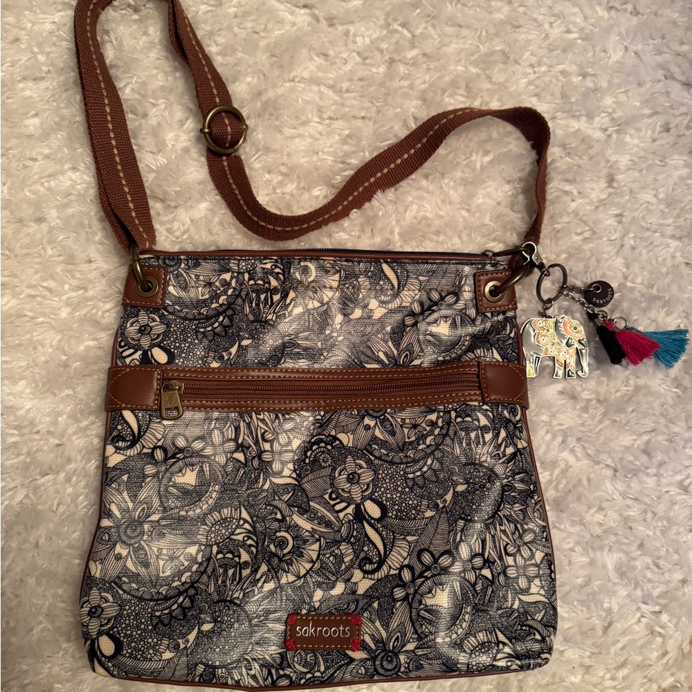 Sakroots Navy Floral-Pattern Crossbody with Brown Trim